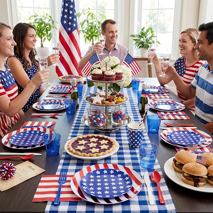 KIRE 150PCS 4th of July Plates & Red White Blue Disposable Plastic Silverware - Image 7