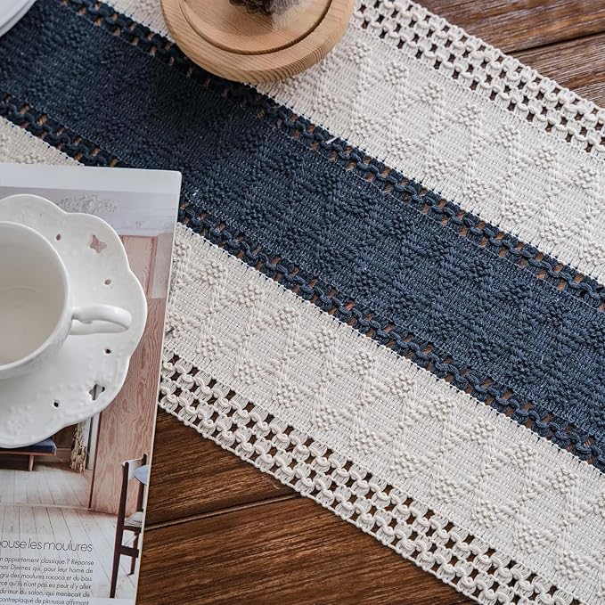 Macrame Table Runne Beige and Blue Boho Table Runners - Image 7