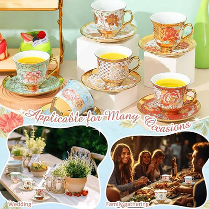 Teenyyou Set of 12 Tea Cups and Saucers Tea Party Decorations Floral Porcelain - Image 5
