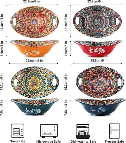 Ceramic Large Soup Bowl with Double Handle 9 inch Set of 4-20 oz, Embossed Bowl Set for Salad, Oatmeal, Dessert, Pasta, Stew, Dishwasher & Microwave Safe - Colorful