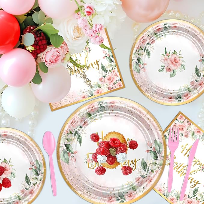 Rose Gold Party Decorations Pink Floral Birthday Plates and Napkins | 168 Pcs - Image 4
