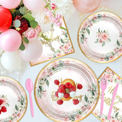 Rose Gold Party Decorations Pink Floral Birthday Plates and Napkins | 168 Pcs - Image 4