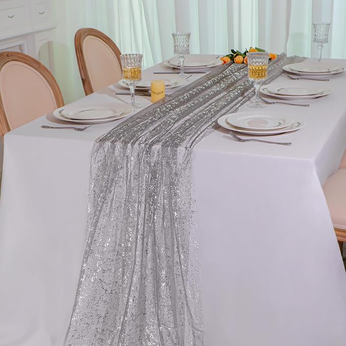 Snowkingdom Silver Gray Table Runner 10FT, Sheer Sparkly Shiny Glitter Sparkle - Image 5