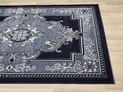 Modern 2x7 Navy Traditional Living Room Rug - Area Rugs for Living Room, Dining & Bedroom - Hand Carved Runner Carpet - Durable Polyester - Non-Fade, Stain-Resistant - Turkish Made