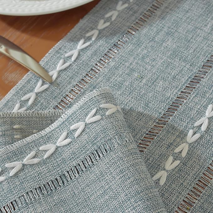 Boho Cotton Linen Blue Table Runner, Farmhouse Woven Table Runners Spring - Image 2