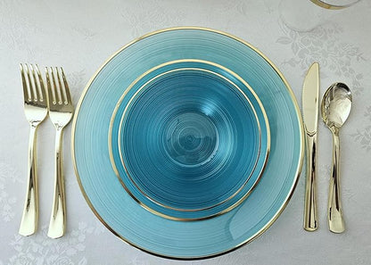 " OCCASIONS " 50 Plates Pack (25 Guests)-Wedding Party Disposable Plastic Plate Set -25 x 10'' Dinner + 25 x 7'' Salad & Dessert plates (Belize in Aqua & Gold)