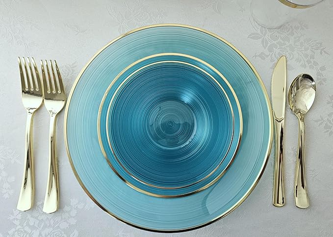 " OCCASIONS " 100 Plates Pack,(50 Guests) Premium Wedding Party Disposable Plastic Plates Set -50 x 10'' Dinner + 50 x 7'' Salad/Dessert (Belize in Aqua & Gold)