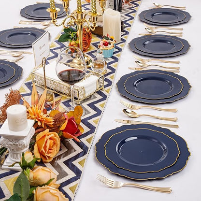 WDF 100pcs Blue Plastic Plates - Baroque Blue&Gold Disposable Plates for Parties/Wedding-50Plastic Dinner Plates 10.25in, 50Salad Plates 7.5in for Party/Birthday/Wedding