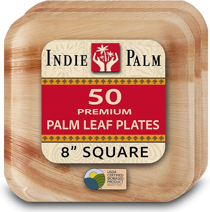Indie Palm Disposable Palm Leaf Plates – 50 Pack 8 Inch Square – Heavy Duty, 100% Compostable & Biodegradable – Eco-Friendly Alternative to Plastic & Bamboo – Perfect for Parties & Events