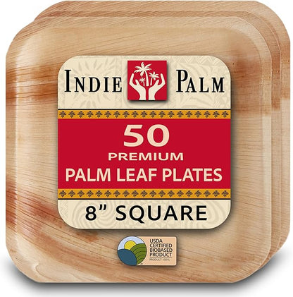 Indie Palm Disposable Palm Leaf Plates – 50 Pack 8 Inch Square – Heavy Duty, 100% Compostable & Biodegradable – Eco-Friendly Alternative to Plastic & Bamboo – Perfect for Parties & Events