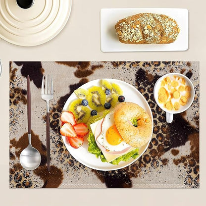 Cowhide with Glitter Leopard Print Place Mats Set of 6, Table Mats,Heat Insulation Non Slip Washable Dining Placemats for Wedding Holiday Party Kitchen Decor 12X18 in