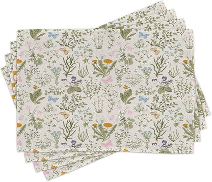 Ambesonne Floral Place Mats Set of 4, Vintage Garden Plants Herbs Flowers Botanical Classic Design Art, Washable Fabric Placemats for Dining Table, Standard Size, Reseda Green Beige