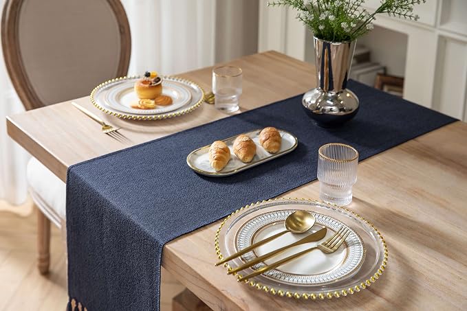 Navy Table Runners 72 Inches Long, Burlap Linen Style Rustic Farmhouse Table - Image 4