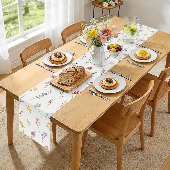 Bonhause Spring Floral Leaves Table Runner 13x90 Inch Colorful Wildflowers - Image 4