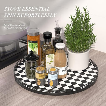 18" Black and White Kitchen Lazy Susan Turntable, Round Checkered Decorative Tray, Large Lazy Susan for Dining Table Centerpiece, Pantry, Kitchen, Bathroom, Countertop, Cupboard, Home Decor