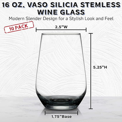 DISCOUNT PROMOS 10 Vaso Silicia Stemless Wine Glasses Set, 16 oz. - Clear, Orb-Like, Thick base - Black