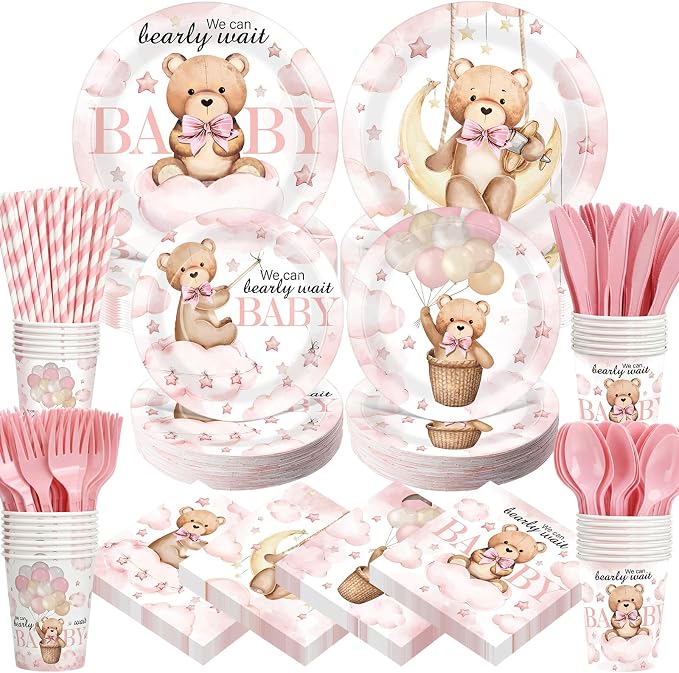 450 Pcs Pink Bear Baby Shower Tableware Set Decorations, Serves 50 | We Can by Unknown