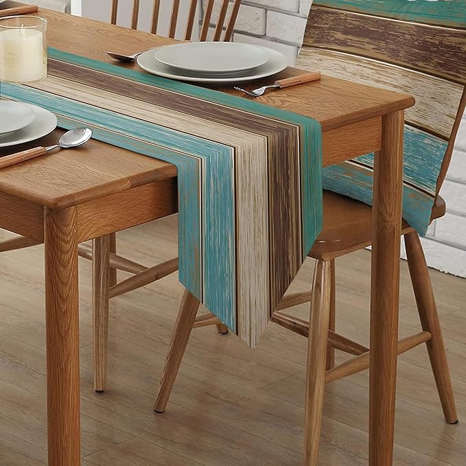 Teal Retro Rustic Table Runner 13x72 Inch Modern Abstract Art Painting Kitchen - Image 2
