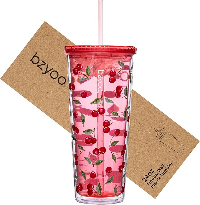 bzyoo 24oz Plastic Tumbler Cup, Lid & Straw, Iced Coffee Cherry Splash | Double by bzyoo