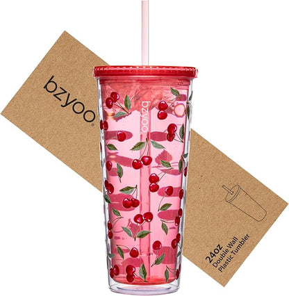 bzyoo 24oz Plastic Tumbler Cup, Lid & Straw, Iced Coffee Cherry Splash | Double by bzyoo