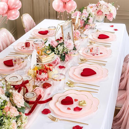 EI 180pcs Pink Plastic Plates with Gold Plastic Silverware,Party Plates Disposable,Pink Dinnerware Set for Afternoon Tea,Wedding,Birthday,Easter,Spring,Mother's Day,Valentine's Day