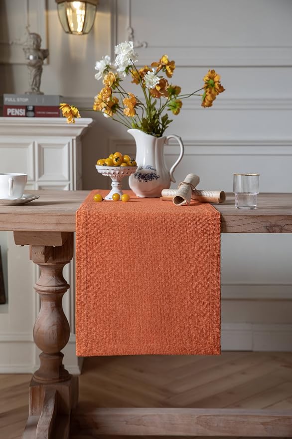 Burlap Style Farmhouse Table Runner, 14x36 Inches Harvest Pumpkin | Thick - Image 2