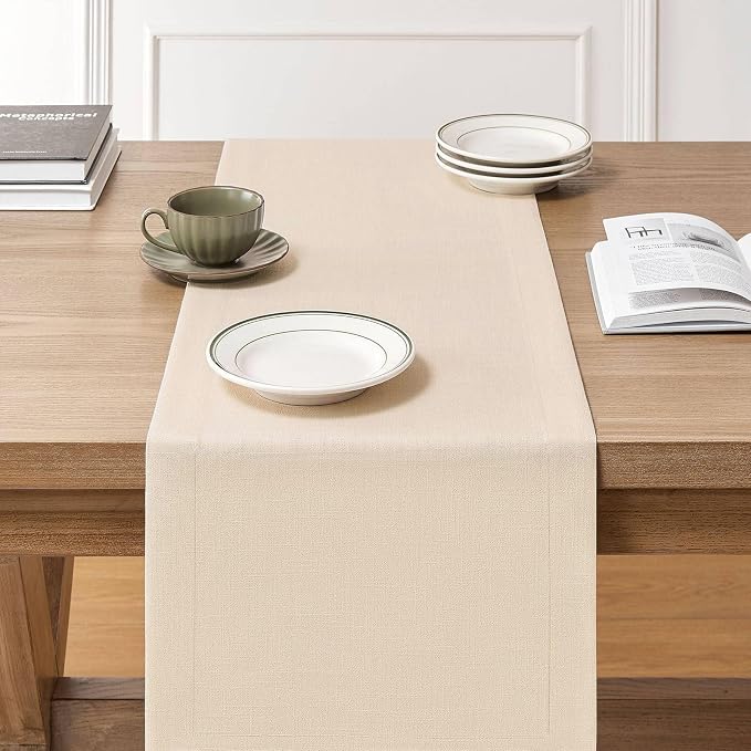 Linen Textured Border Table Runner, 14 x 36 Inch Cream | Mitered Corner Design - Image 3