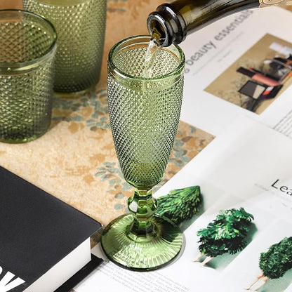 Joeyan Green Vintage Champagne Flutes Glasses Cups,Embossed Colored Toasting Goblet Glasses,Stemmed Hobnail Beaded Glassware for Wedding Anniversary Birthday Party,5 oz,Set of 4,Dishwasher Safe