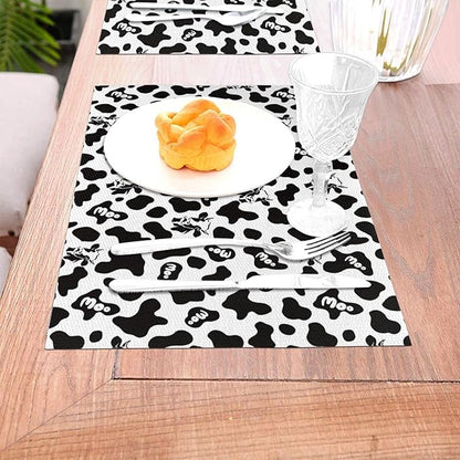 Cow Print Placemats Set of 4 Linen 12"x18" Black White Decorative Place Mats Washable Kitchen Table Mats for Dining Outdoor Farmhouse Home Decor Holiday Party Dining Mat
