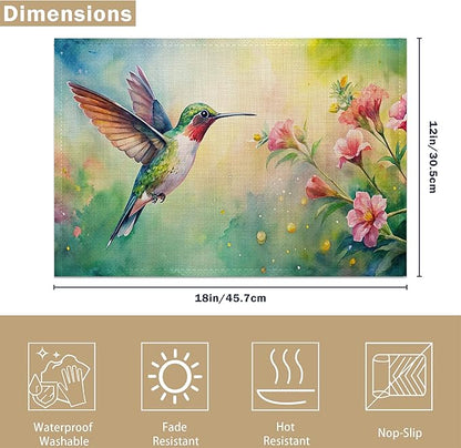 Table Placemats Set of 6, Waterproof Linen Fabric, Non-Slip Backing & Easy Clean, Elegant Dining Table Protectors for Family and Guests(Watercolor Hummingbird Flowers)