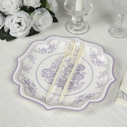 50 Pack 8" White Lavender Lilac French Toile Dessert Plates, Disposable Round Paper Floral Pattern Appetizer Salad Plates 300 GSM for Party Decoration