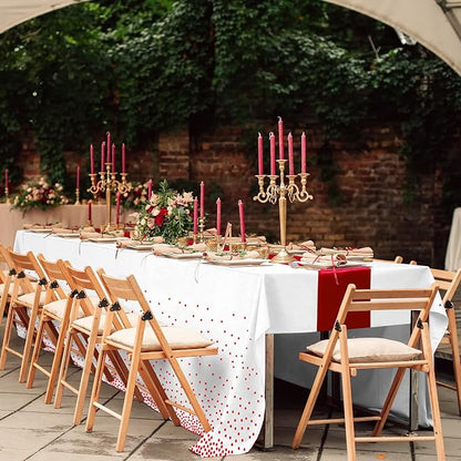 16Pack Disposable Plastic Tablecloths and Satin Table Runner Set White and Red - Image 7