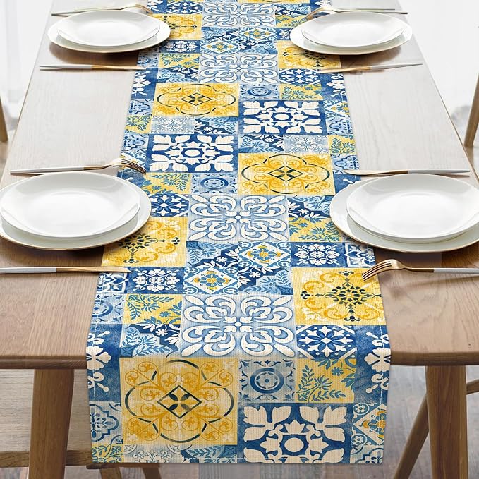 Moroccan Blue Mosaic Tile Dining Table Runner, Vintage Amalfi Coast | Azulejo by Croar