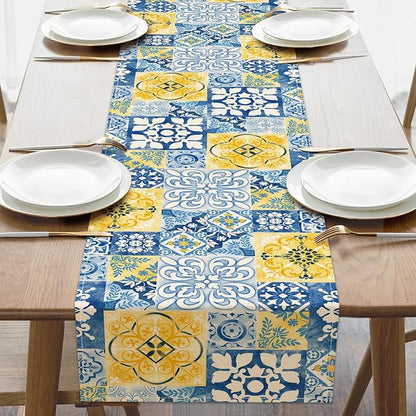 Moroccan Blue Mosaic Tile Dining Table Runner, Vintage Amalfi Coast | Azulejo by Croar