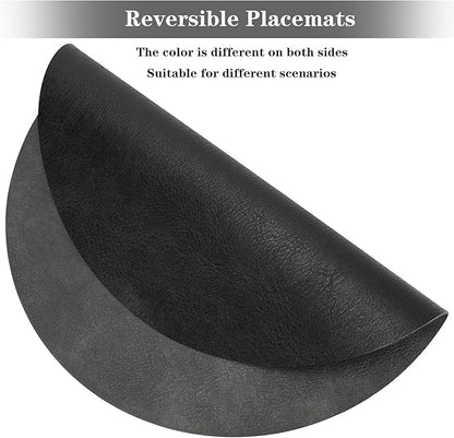 Round Placemats and Coasters Set of 8, Washable Reversible Faux Leather Placemats Cowhide Pattern Place Mats Wipeable Non-Slip 15 inch Round Kitchen Dining Table Mats (Gray Black, 8)