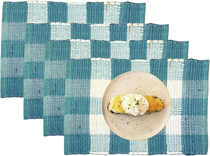 Perilla Home Cotton Placemat Set of 4 Table Mats for Kitchen Dining Home Decor Vintage Boho Rectangle Placemats (Teal and White 13"x19")