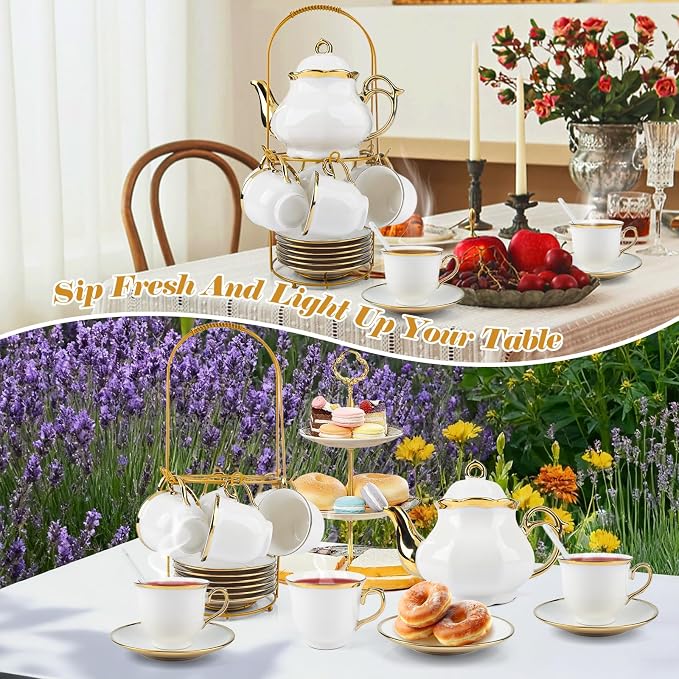 20 Pcs Porcelain Tea Set with Metal Holder, Adult Tea Set Gift, Large European - Image 9