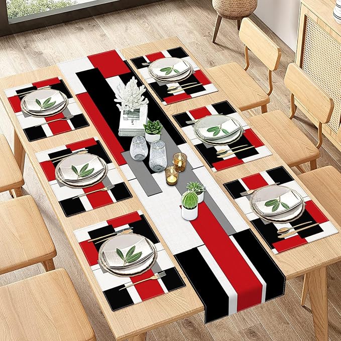 Table Runner and Placemats Set of 6, Geometric Abstract | Art Painting Red Art by ArtSocket