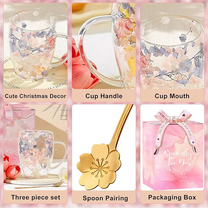 Gifts for Women Dried Flowers Double Wall Glass Coffee Mugs Cute Glass Tea Cups - Image 7