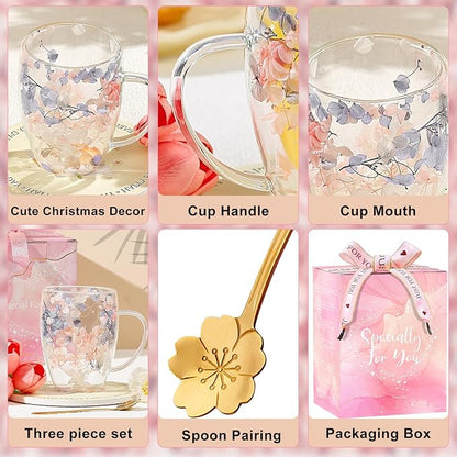 Gifts for Women Dried Flowers Double Wall Glass Coffee Mugs Cute Glass Tea Cups - Image 7