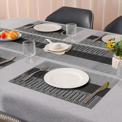 Placemats Set of 8, Vinyl Woven Place Mats Indoor Set of 8 Washable Wipeable PVC Table Mats Heat-Resistant Non Slip Plastic Placemat for Kitchen Dining Outdoor Table (Gray Black, Set of 8)