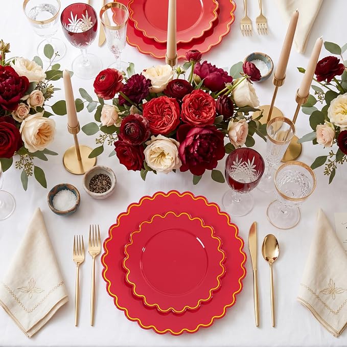 LIYH 100 Red Scalloped Plastic Disposable Plates - Image 7