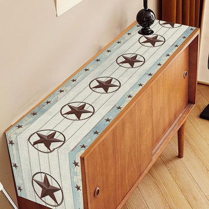 Texas Star Table Runner, Rustic Farmhouse Western Blue Wooden Red Star Barn - Image 2