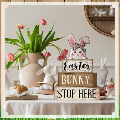 Moucuny 4 Pcs Easter Bunny Table Decoration Stacked Wooden Bunny Block Decor - Image 5