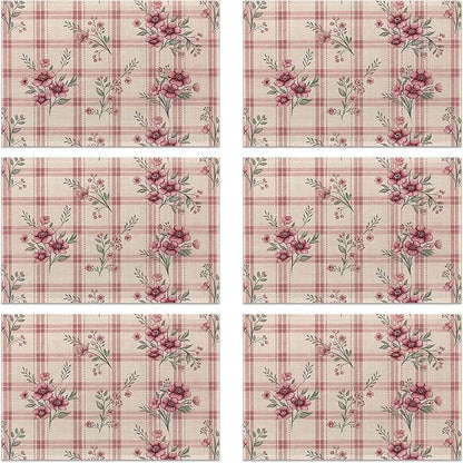 Colorful Floral Spring Plastic Placemats Set of 6 Cute Flowers Pink Place Mats Washable Kitchen Dining Linen Table Mats Stain Heat, for Home Party Indoor 12x18 in