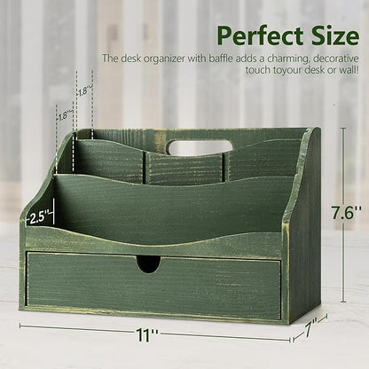 Rebee Vision Pine Wood Mail Organizer for Desk - Charming Farmhouse Mail Holder Organization with Drawer & Dividers - 4-Slot for File & Jewelry Sorter, Mail Organizer Countertop for Home Decor(Green)