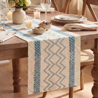 Artoid Mode Sky Blue Stripe Diamond Woven Table Runner 12x72 Inch | Holiday by ArtoidMode