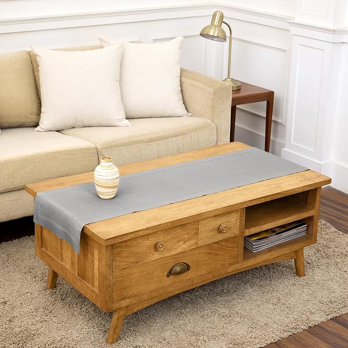 Solino Home 100% Pure Linen Table Runner Grey, Classic Hemstitch 14 x 60 in | by SolinoHome