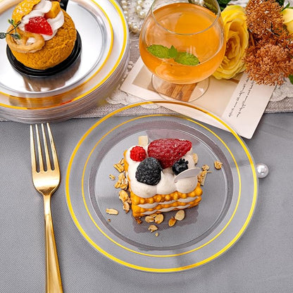 I00000 60PCS Clear Gold Dessert Plates, Clear Plastic Plates with Gold Rim 7 Inch, Fancy Disposable Wedding Plate Heavy Duty for Birthday, Wedding & Party
