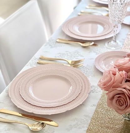 " OCCASIONS " 120 Plates Pack,(60 Guests) Extra Heavyweight Vintage Wedding Disposable/Reusable Plastic Plates 60x11'' Dinner+60 x 8.25'' Salad/Dessert Plate (Chateau Blush Pink)